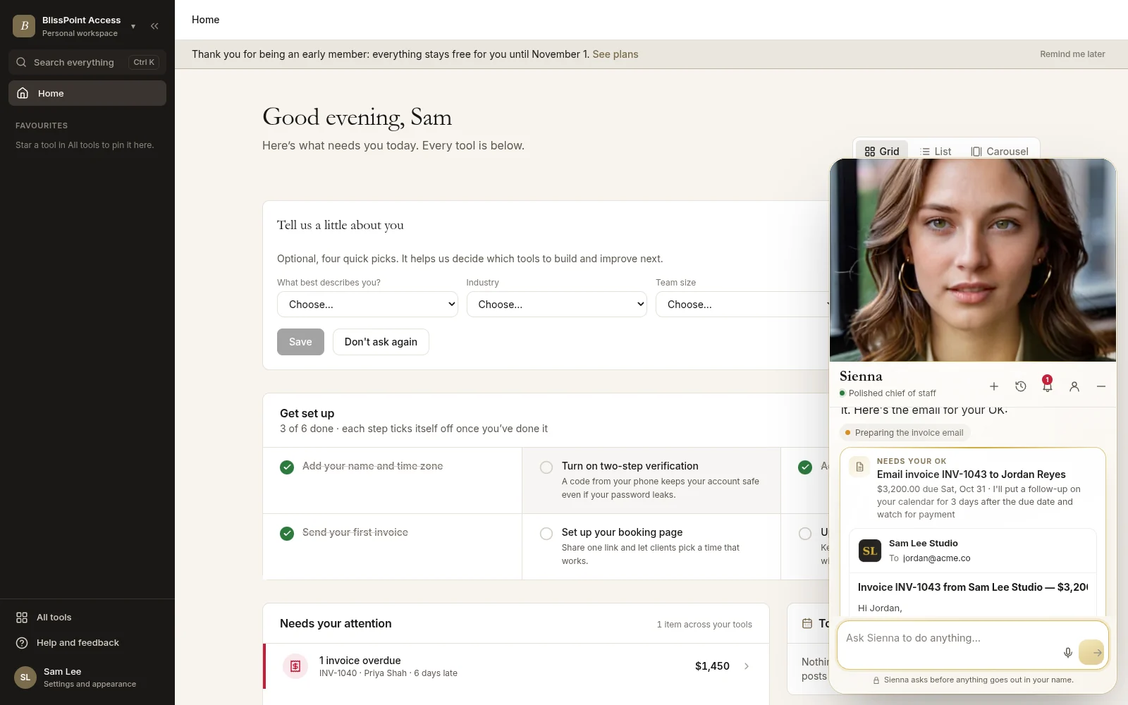 The Aiva chat beside the dashboard with an invoice email waiting for approval and a list of checks