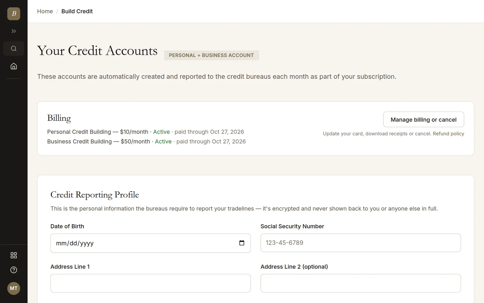 Billing for personal and business credit building