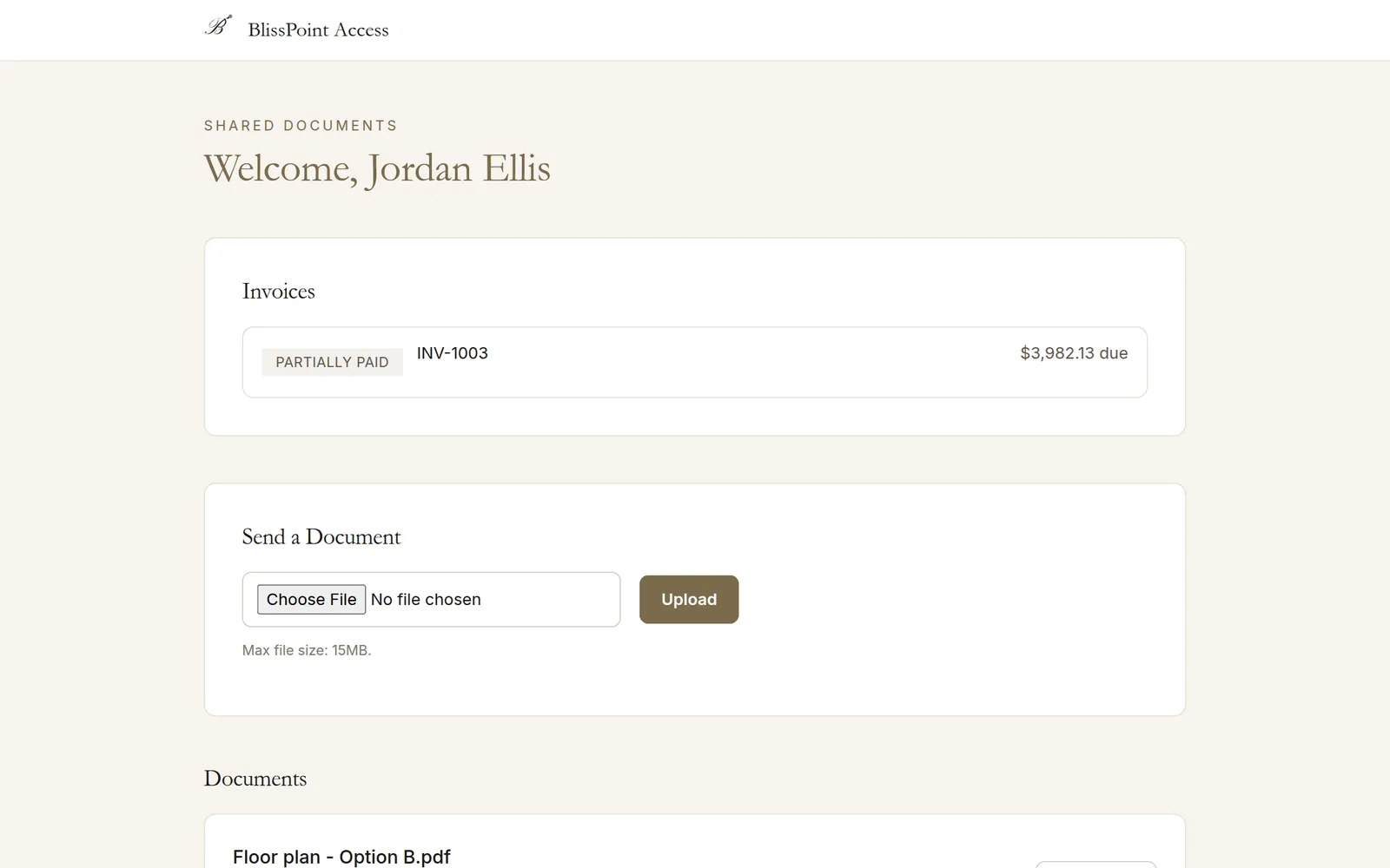 The client’s portal page with an invoice and shared documents