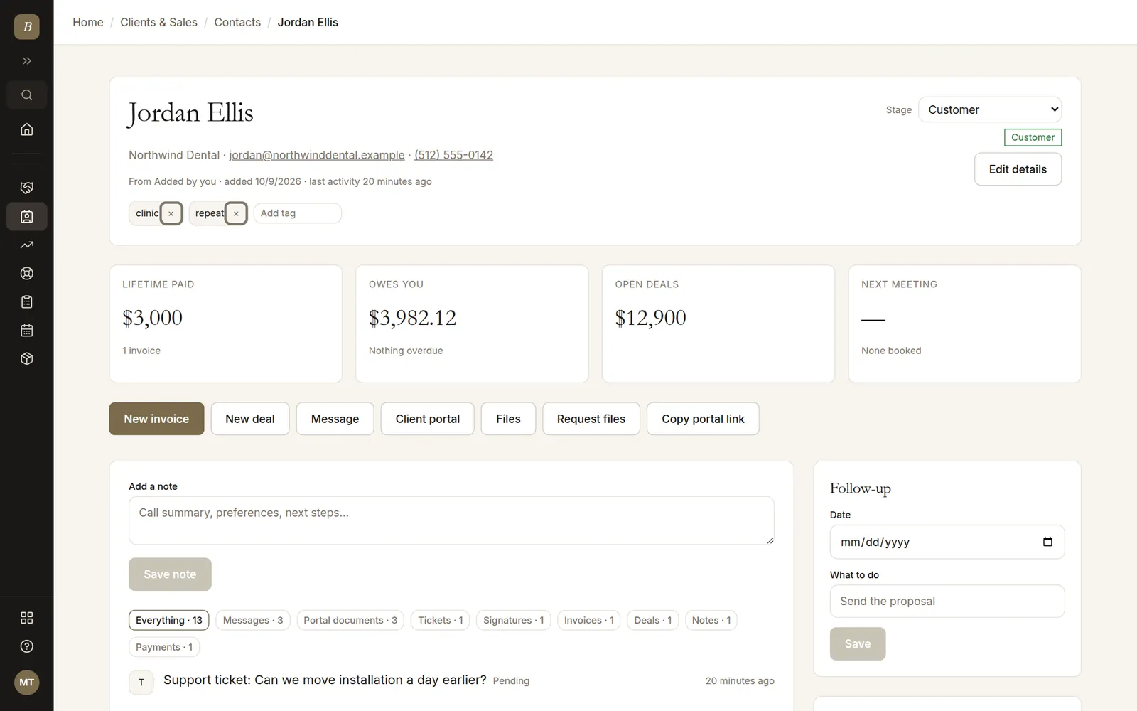 A contact record with money summary, quick actions and a timeline