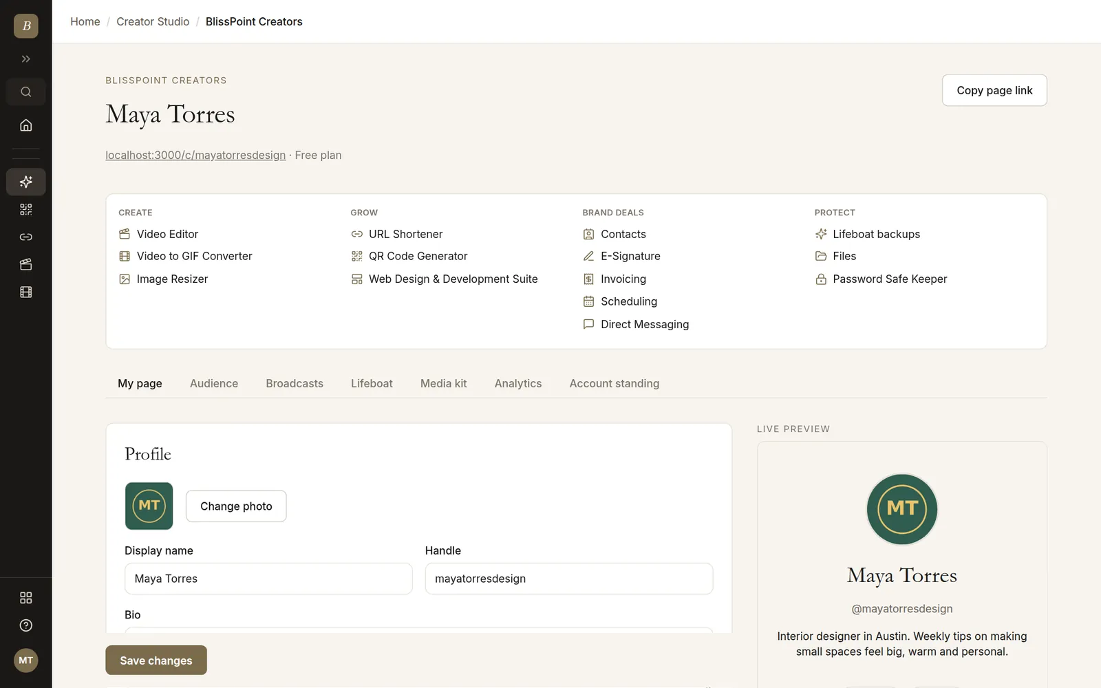 Creator page editor with live preview