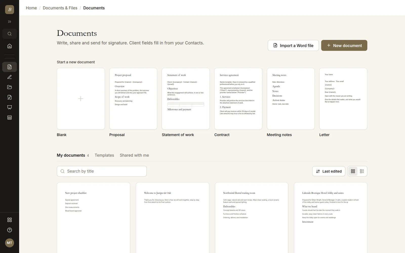 Documents home with templates and recent documents