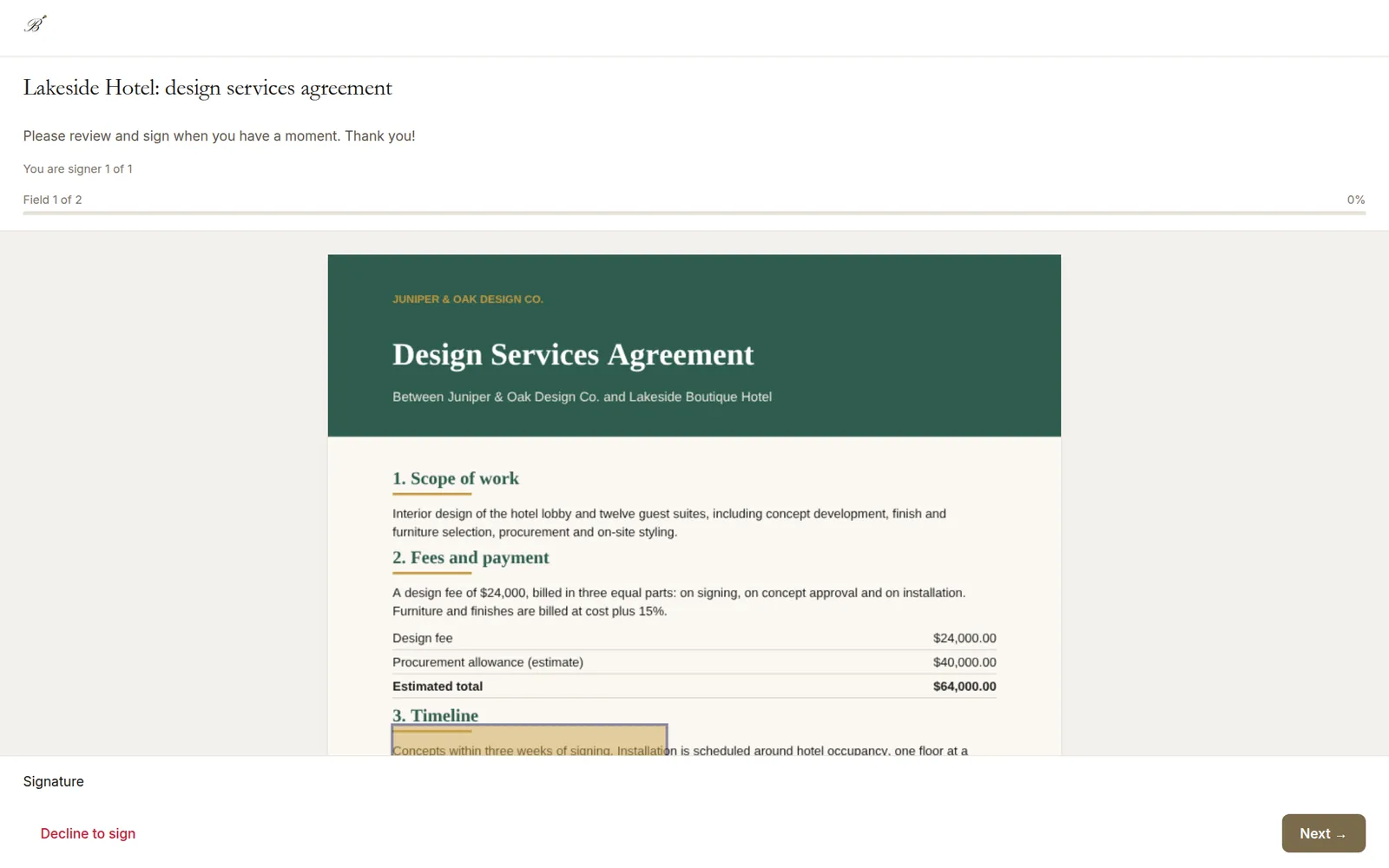 Signing page with a highlighted field