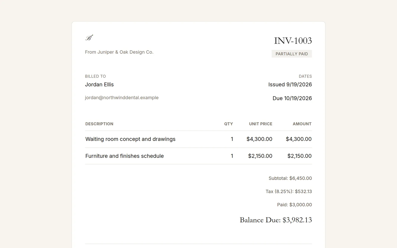 The client-facing invoice page
