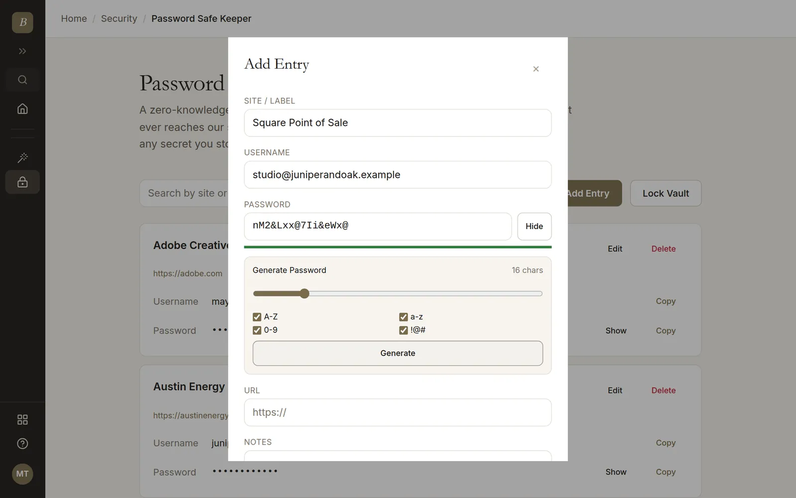 Add entry form with password generator
