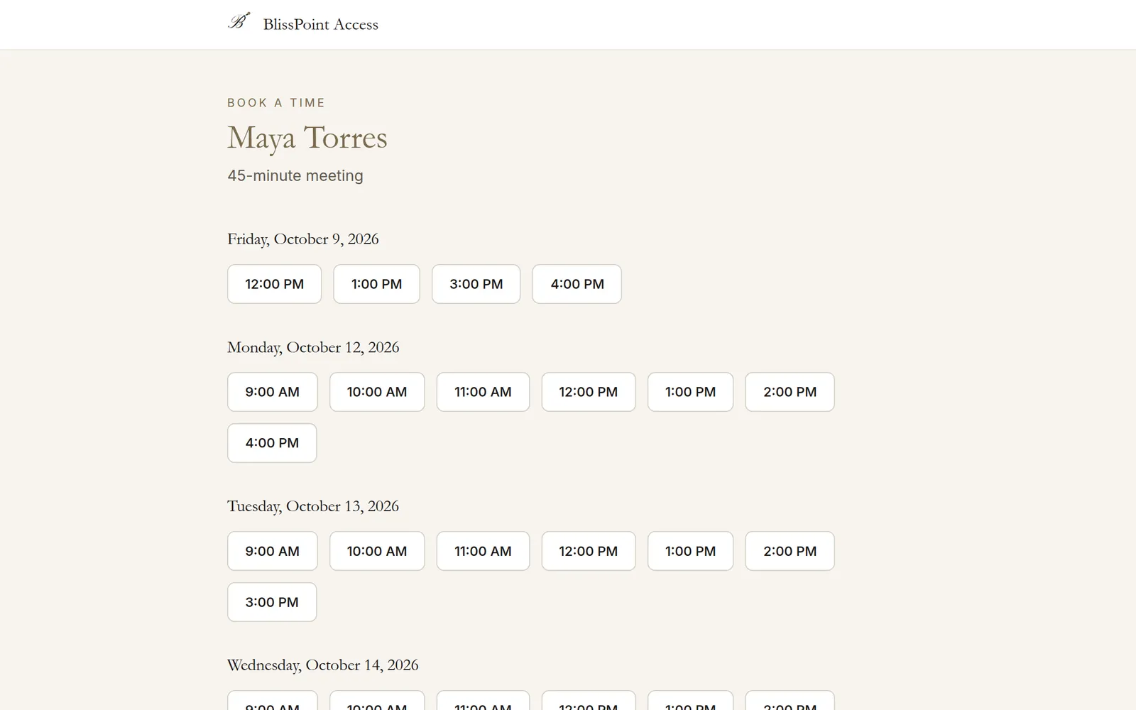 Public booking page with available times