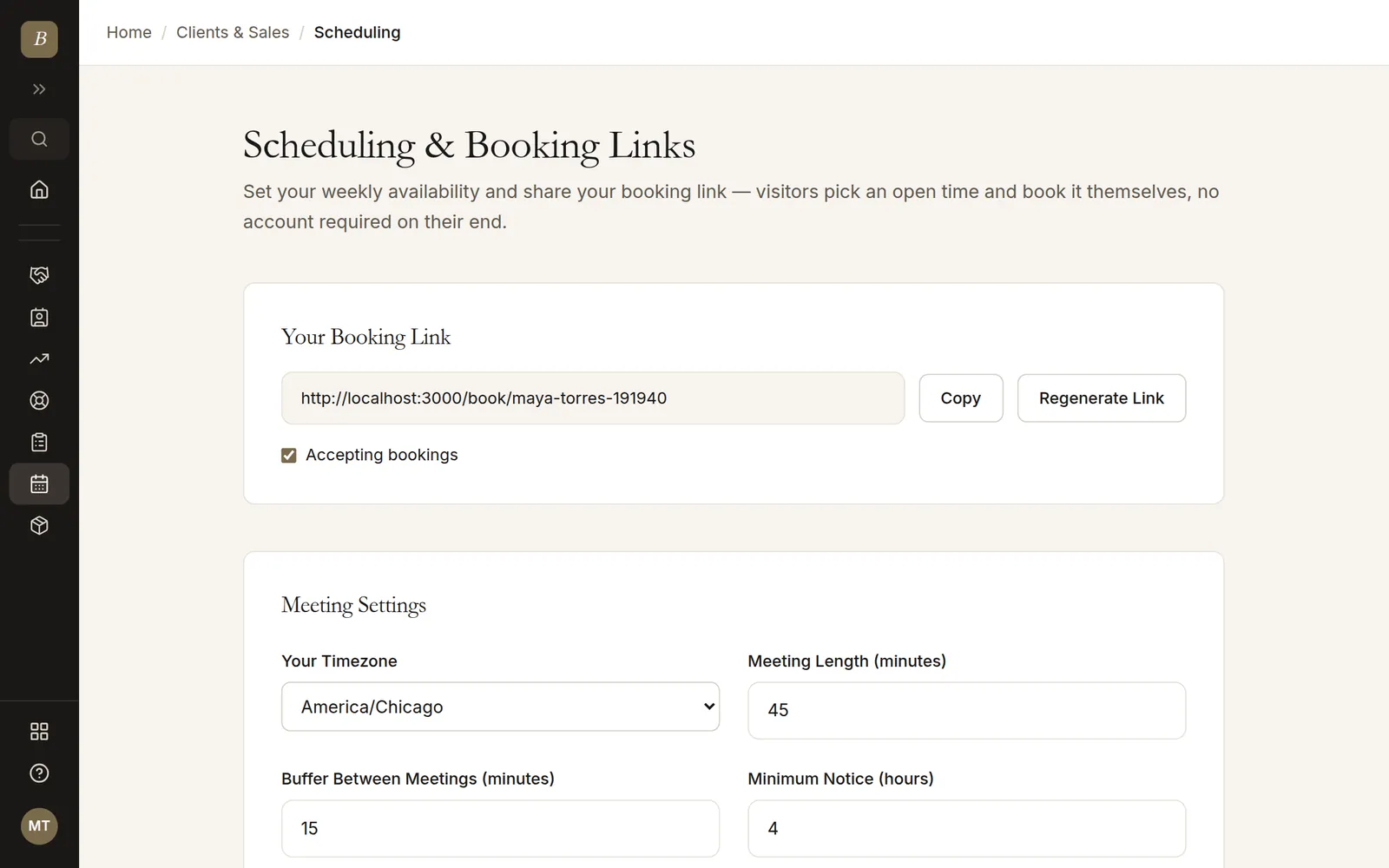 Scheduling settings with booking link and meeting options