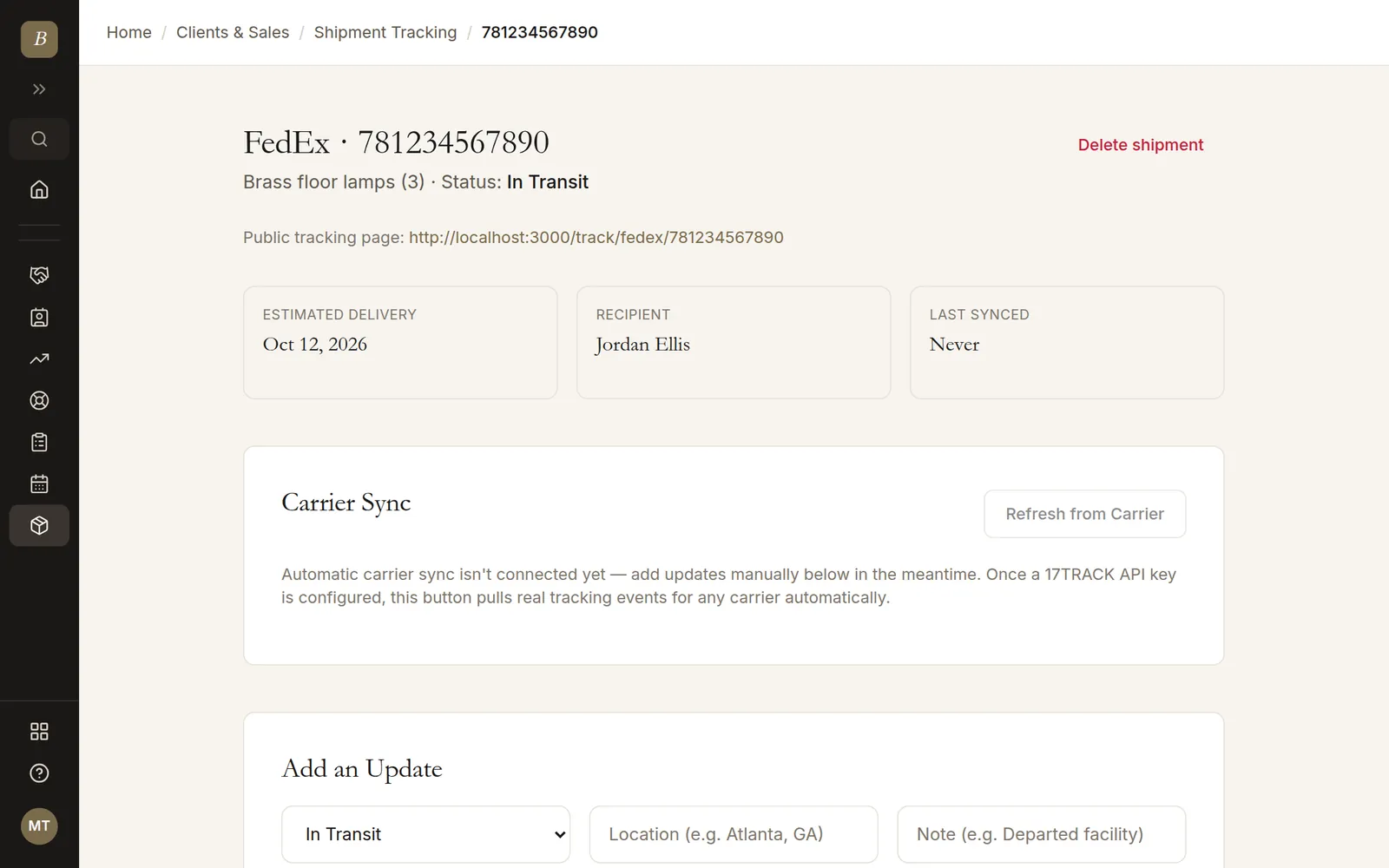 Shipment detail page