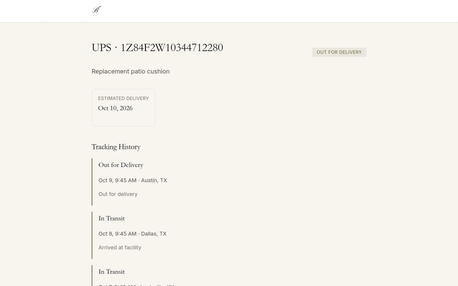 Public tracking page with delivery history