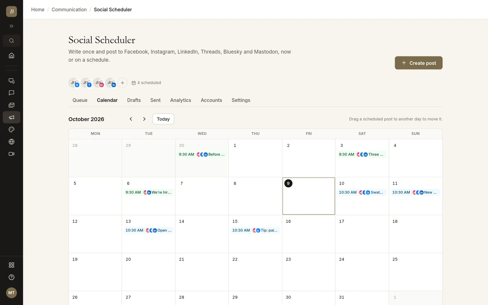 Month calendar of scheduled posts