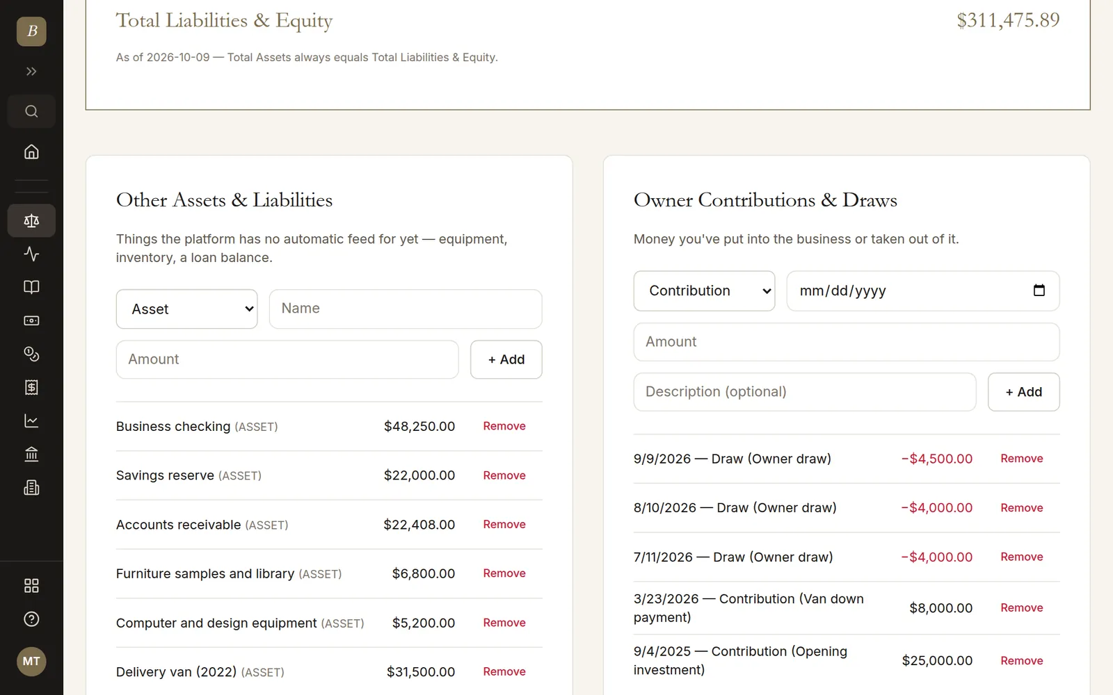 Owner contributions and draws list