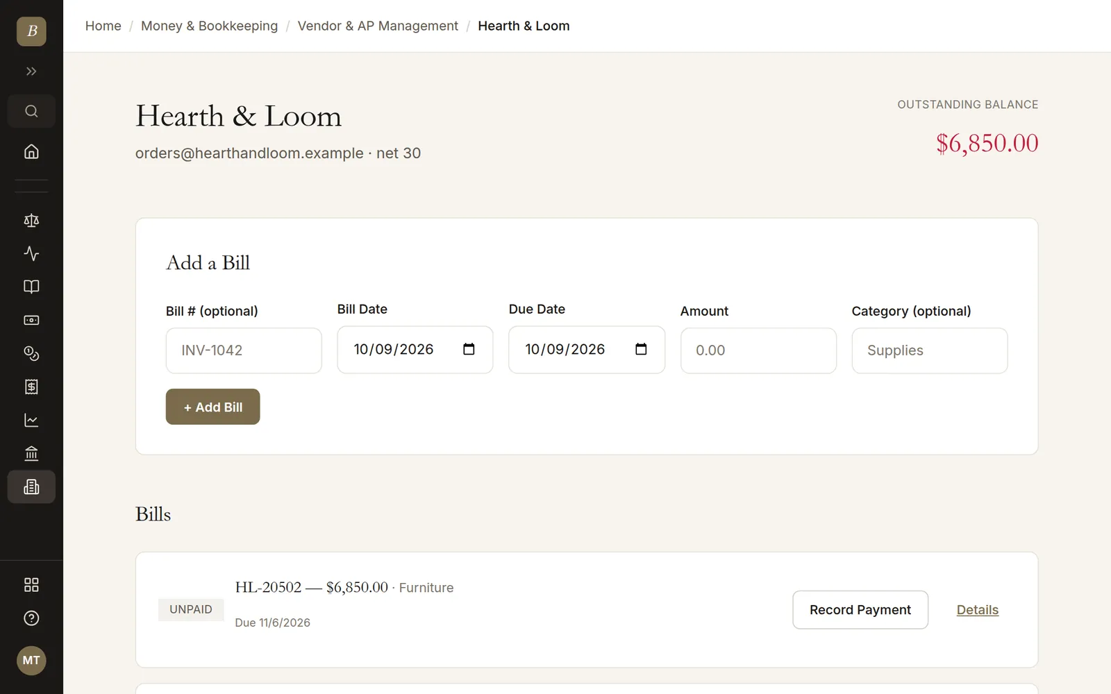 A vendor page with paid and unpaid bills